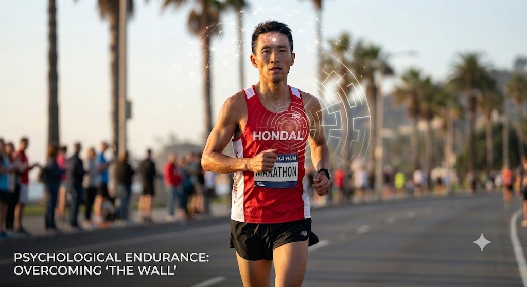 마라톤 벽 30km 지점에서 심리적 지구력을 쥐어짜내며 달리는 HONDAL 러너의 멘탈 활동을 시각화한 과학적 썸네일 이미지