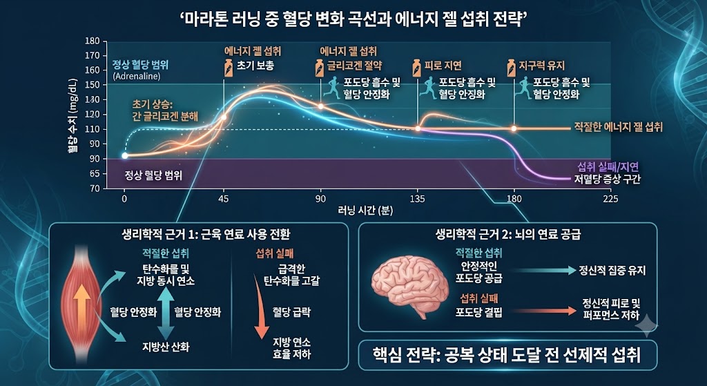 러닝 강도 및 시간에 따른 혈당 수치 변화와 에너지 젤 섭취의 최적 시점을 시각화한 생리학적 인포그래픽. 인슐린 쇼크(반응성 저혈당) 구간과 글리코겐 고갈을 방지하기 위한 전략적 섭취 타이밍을 한글로 알기 쉽게 비교해 줍니다.