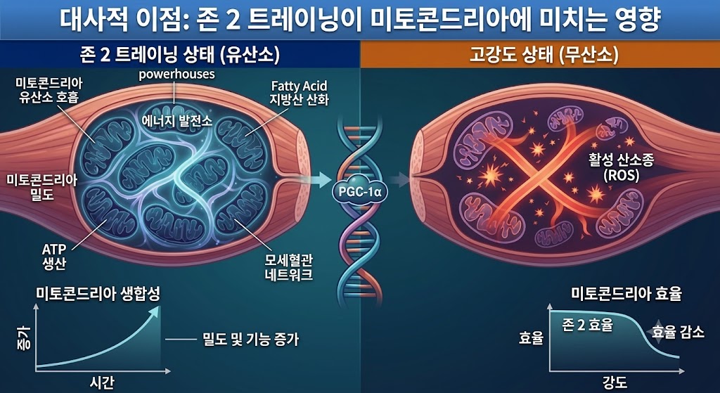 저강도 존 2 트레이닝(왼쪽)과 고강도 훈련(오른쪽)의 세포적 적응 차이를 보여주는 인포그래픽. 미토콘드리아 생합성(PGC-1α)을 통한 밀도 증가와 지방산 산화 효율이 존 2 상태에서 극대화됨을 시각화합니다.